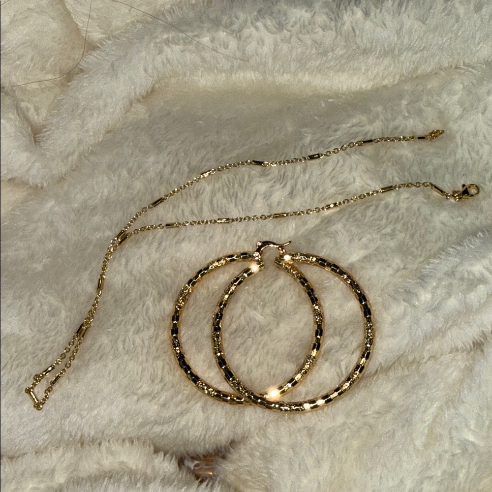 Gold plated Hoop Earrings and Chain Necklace - Elegant Women’s Jewelry